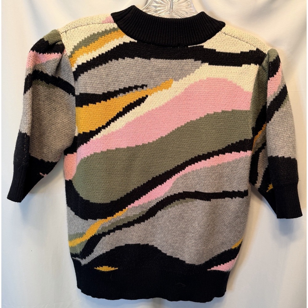 THML Anthropologie Women's Small Ella Short Puff Sleeve Sweater Black Pink Green - Picture 8 of 10